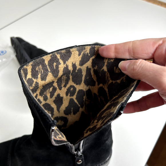 Stuart Weitzman Black Suede Mid-Calf Boots Cheetah Print Round Toe Booties 4 - Picture 12 of 16